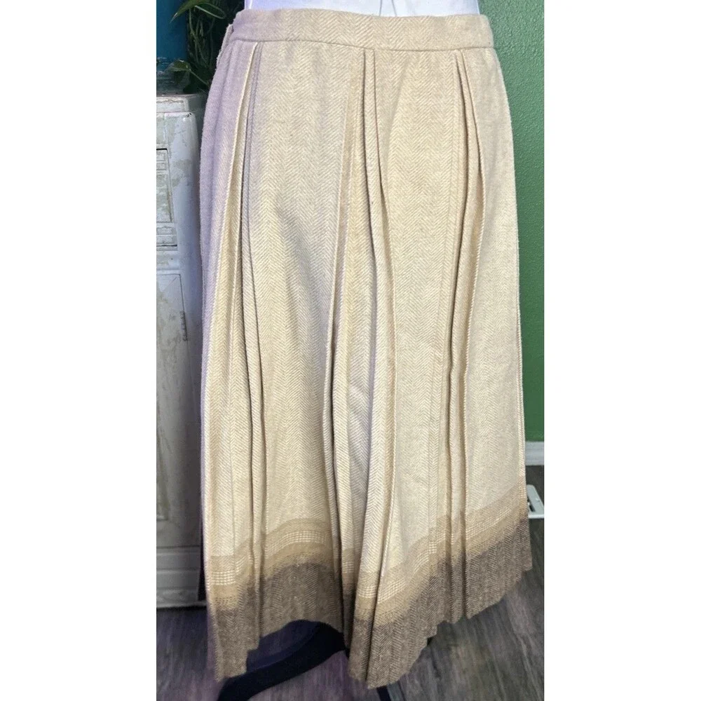 Vintage Pleated Wool Oatmeal Colored Midi Skirt, Medium Library Chic Academia